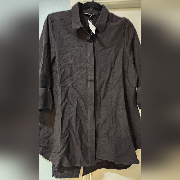 Women's Boho Chic Black Reverse Button-down Shirt L NWT - Picture 2 of 10